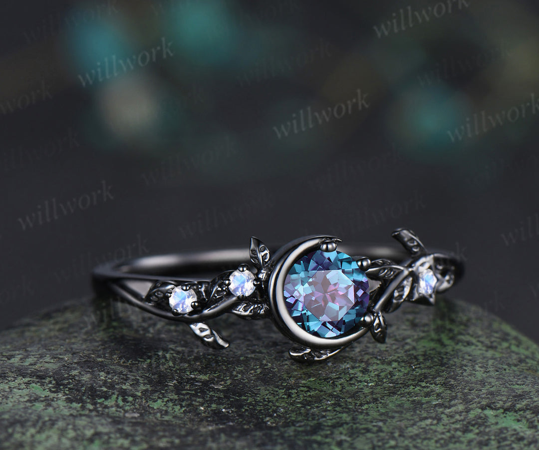 Round cut alexandrite engagement ring moonstone moon star nature inspired ring unique 14k black gold bridal ring June birthtone gifts