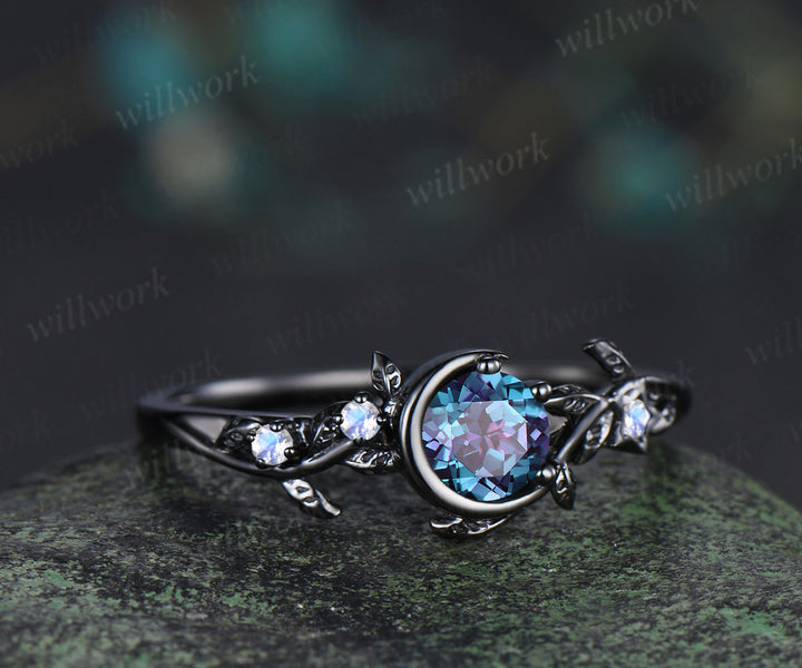 Round cut alexandrite engagement ring moonstone moon star nature inspired ring unique 14k black gold bridal ring June birthtone gifts