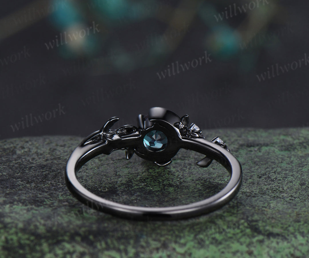 Round cut alexandrite engagement ring moonstone moon star nature inspired ring unique 14k black gold bridal ring June birthtone gifts