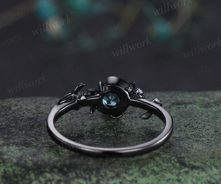 Round cut alexandrite engagement ring moonstone moon star nature inspired ring unique 14k black gold bridal ring June birthtone gifts
