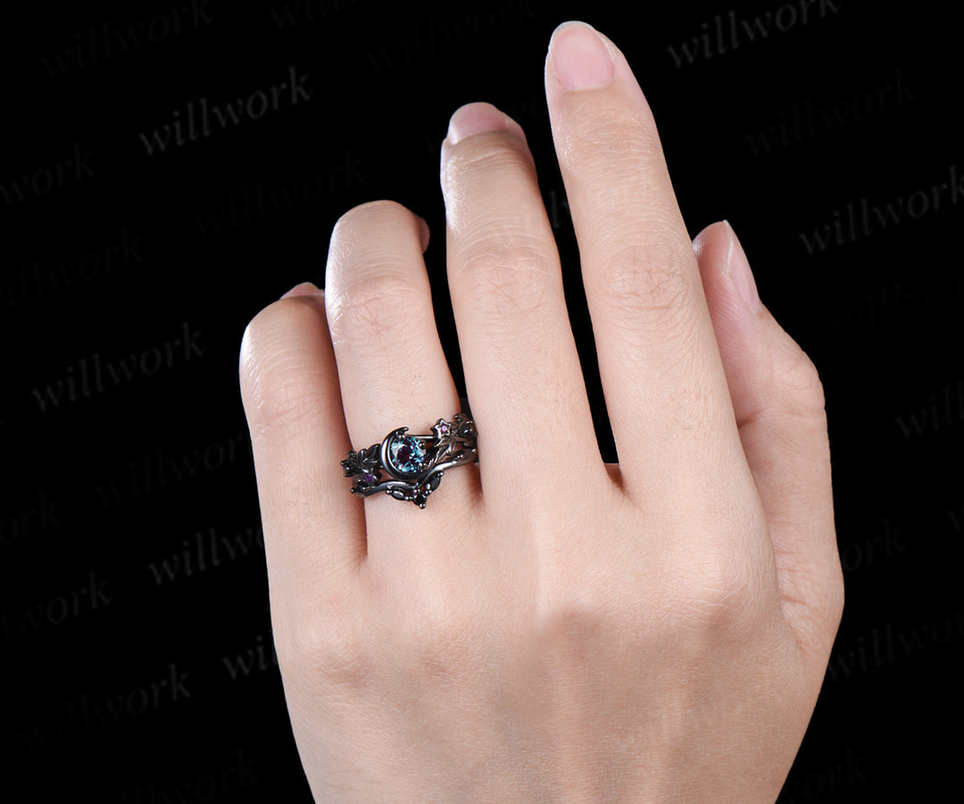 Round alexandrite moon star engagement ring set 14K black gold color change ring with black spinel band bridal gift for her