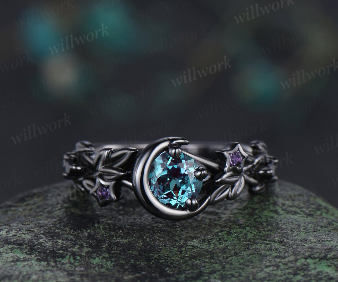 Round alexandrite moon star engagement ring set 14K black gold color change ring with black spinel band bridal gift for her