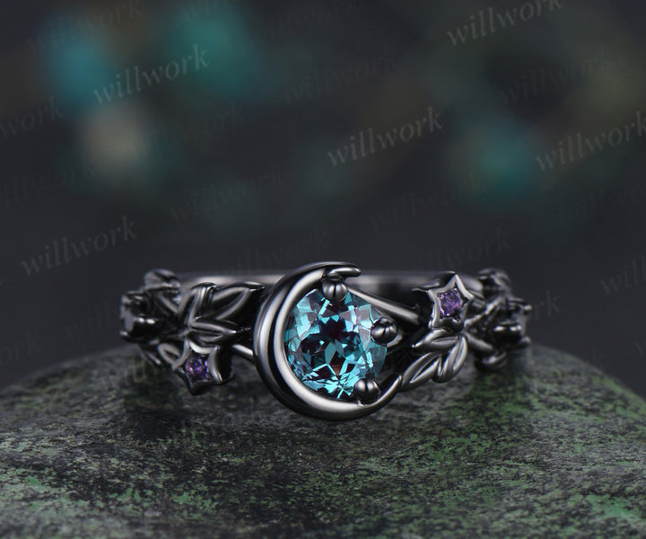 Round alexandrite moon star engagement ring set 14K black gold color change ring with black spinel band bridal gift for her