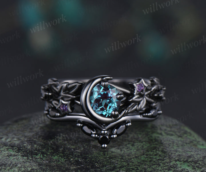 Round alexandrite moon star engagement ring set 14K black gold color change ring with black spinel band bridal gift for her