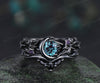 Round alexandrite moon star engagement ring set 14K black gold color change ring with black spinel band bridal gift for her