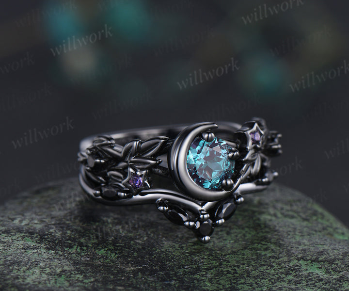Round alexandrite moon star engagement ring set 14K black gold color change ring with black spinel band bridal gift for her