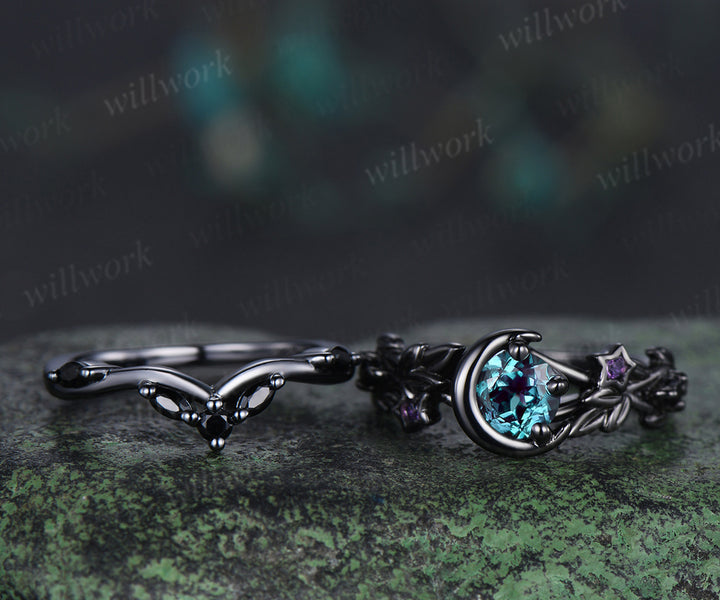 Round alexandrite moon star engagement ring set 14K black gold color change ring with black spinel band bridal gift for her
