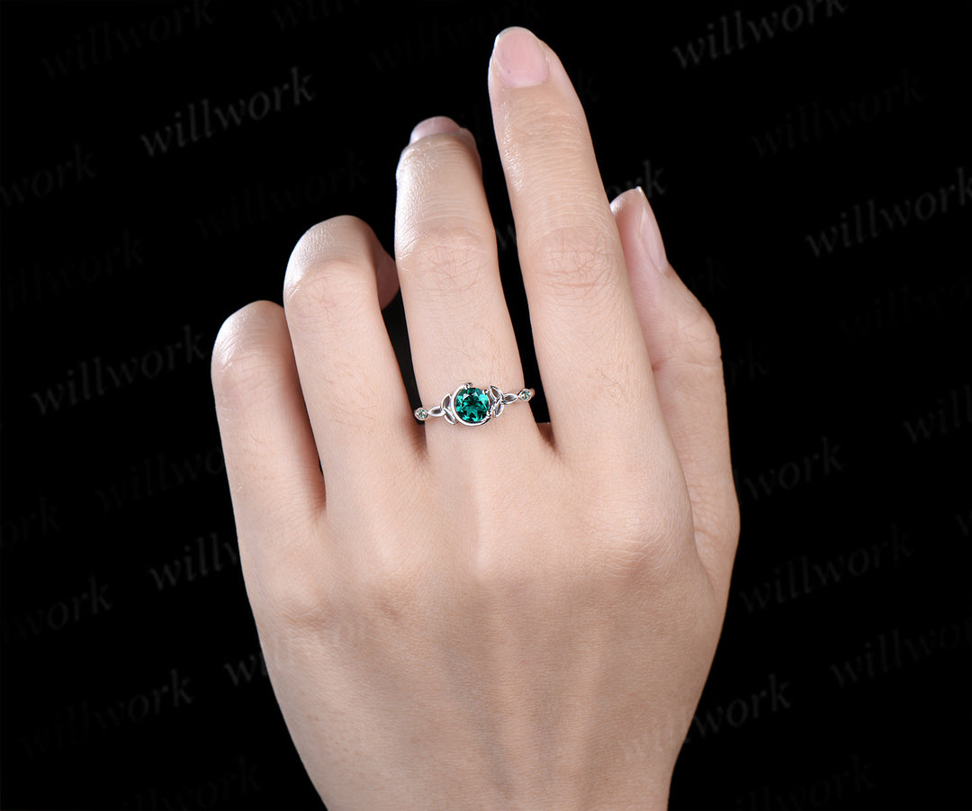 Unique moon emerald ring art deco round cut emerald celtic knot engagement ring May birthstone wedding anniversary gifts