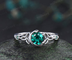 Unique moon emerald ring art deco round cut emerald celtic knot engagement ring May birthstone wedding anniversary gifts