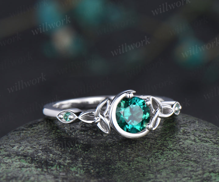 Unique moon emerald ring art deco round cut emerald celtic knot engagement ring May birthstone wedding anniversary gifts