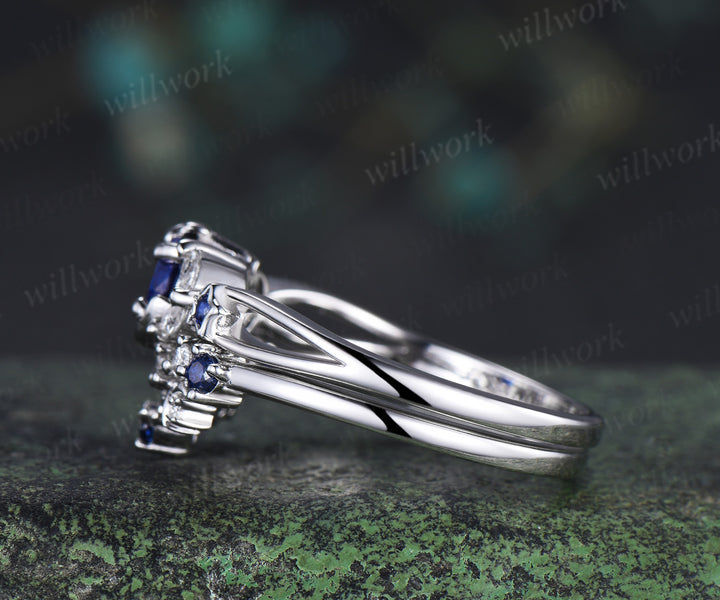 Unique round sapphire moon star ring set marquise moissanite split shank ring crescent starry wedding ring bridal set