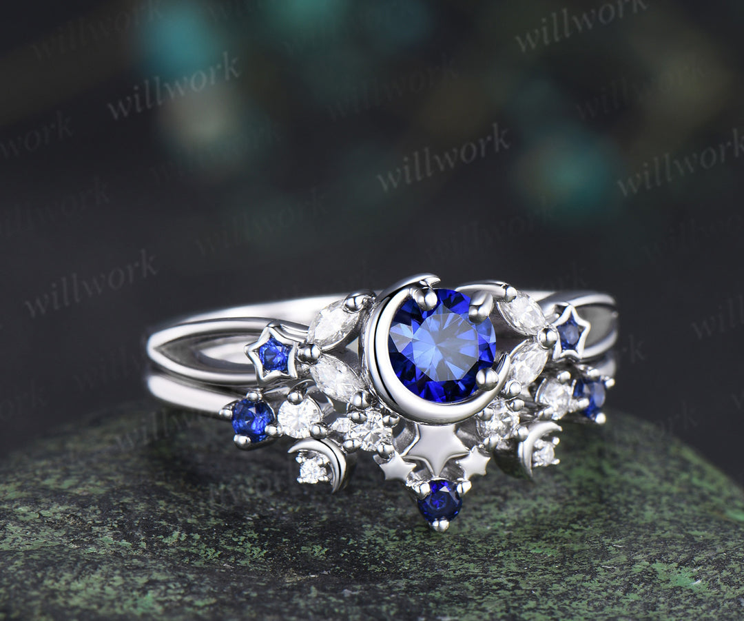 Unique round sapphire moon star ring set marquise moissanite split shank ring crescent starry wedding ring bridal set
