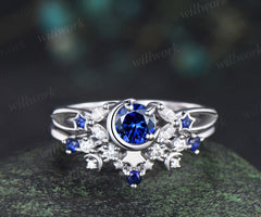 Unique round sapphire moon star ring set marquise moissanite split shank ring crescent starry wedding ring bridal set