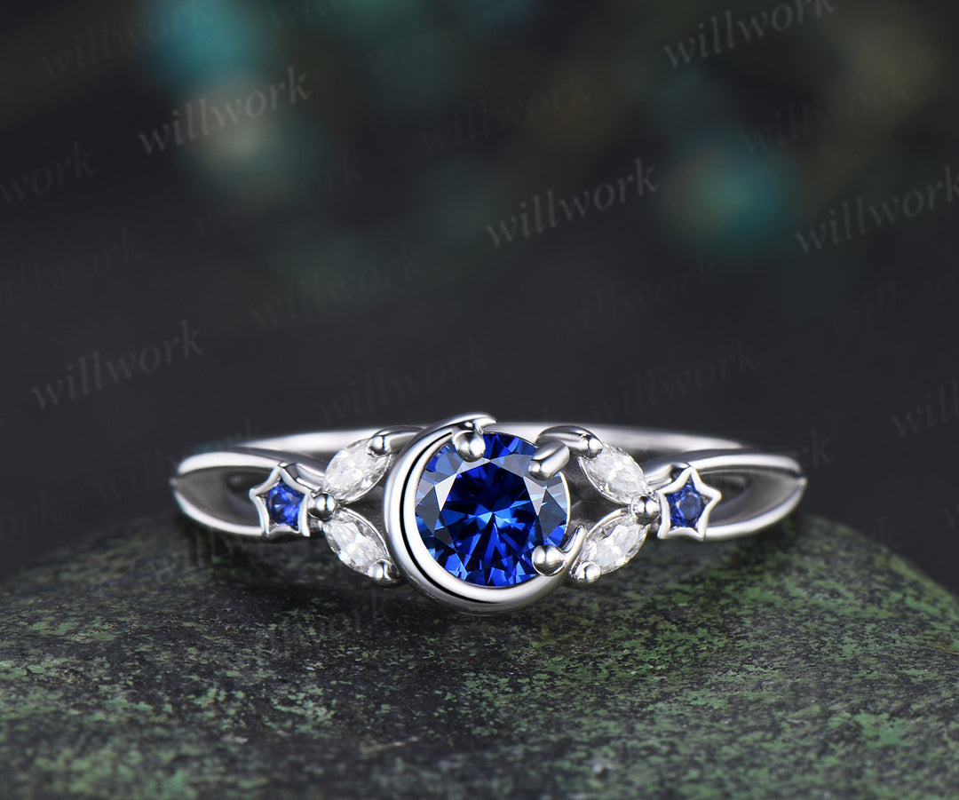 Unique round sapphire moon star ring set marquise moissanite split shank ring crescent starry wedding ring bridal set