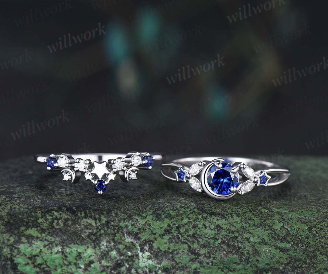 Unique round sapphire moon star ring set marquise moissanite split shank ring crescent starry wedding ring bridal set