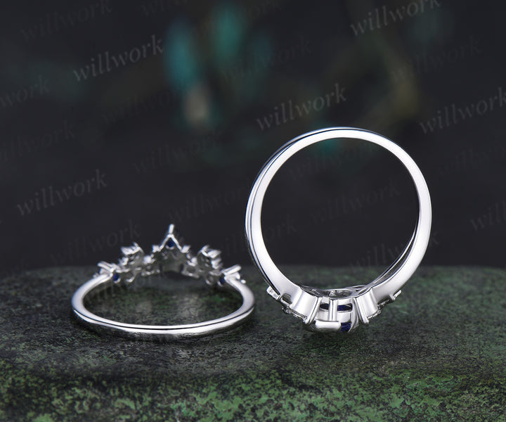 Unique round sapphire moon star ring set marquise moissanite split shank ring crescent starry wedding ring bridal set