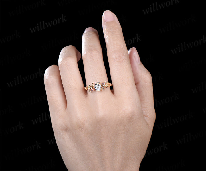 5mm round cut lab grown diamond floral leaf moon pink tourmaline emerald ring solid yellow gold promise ring gifts for her
