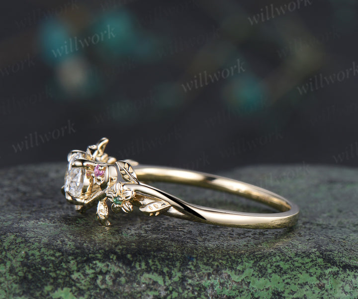 5mm round cut lab grown diamond floral leaf moon pink tourmaline emerald ring solid yellow gold promise ring gifts for her