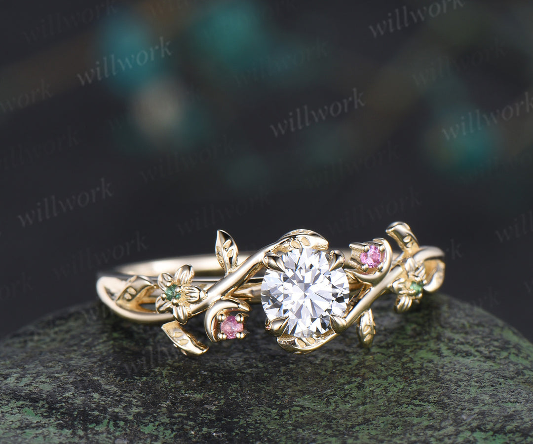 5mm round cut lab grown diamond floral leaf moon pink tourmaline emerald ring solid yellow gold promise ring gifts for her