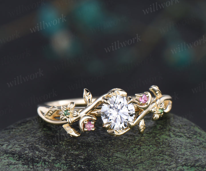 5mm round cut lab grown diamond floral leaf moon pink tourmaline emerald ring solid yellow gold promise ring gifts for her