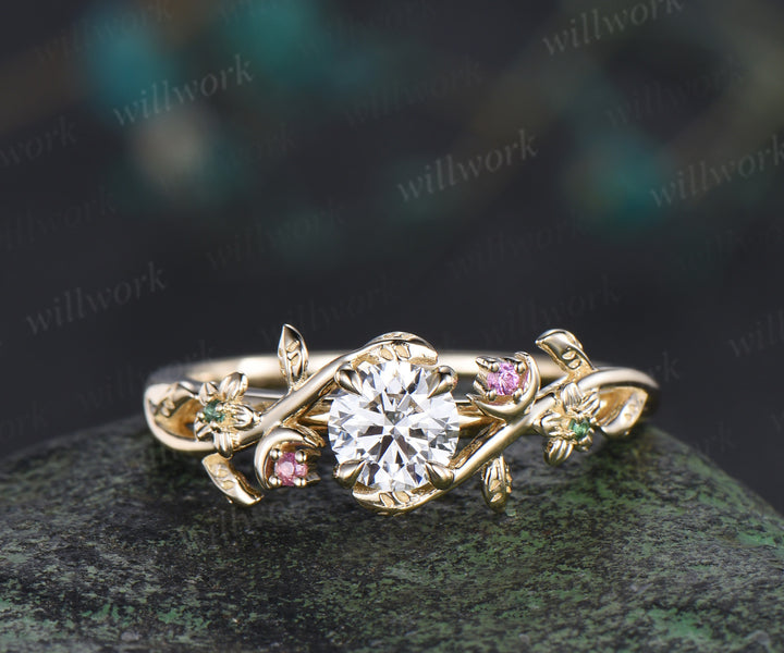 5mm round cut lab grown diamond floral leaf moon pink tourmaline emerald ring solid yellow gold promise ring gifts for her