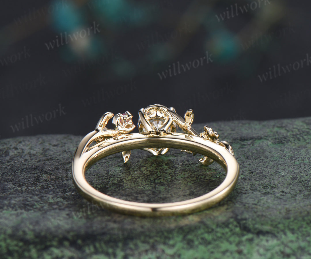 5mm round cut lab grown diamond floral leaf moon pink tourmaline emerald ring solid yellow gold promise ring gifts for her