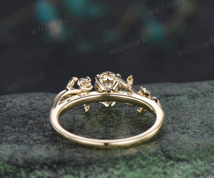 5mm round cut lab grown diamond floral leaf moon pink tourmaline emerald ring solid yellow gold promise ring gifts for her