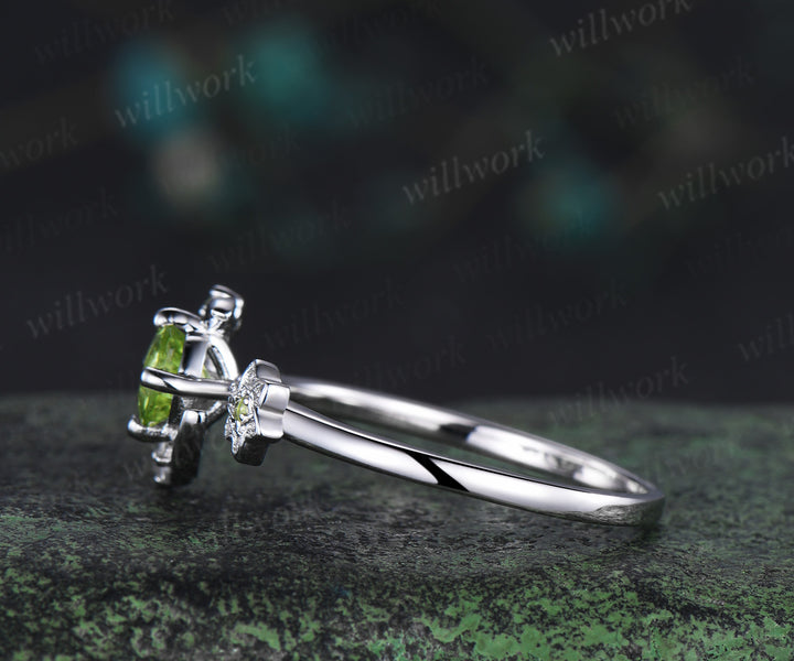 Round cut peridot engagement ring white gold moon floral peridot ring vintage diamond cluster wedding anniversary gifts