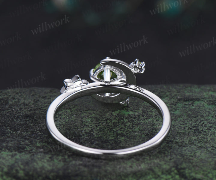 Round cut peridot engagement ring white gold moon floral peridot ring vintage diamond cluster wedding anniversary gifts
