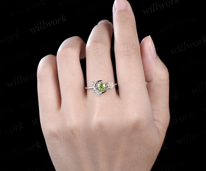 Round cut peridot engagement ring white gold moon floral peridot ring vintage diamond cluster wedding anniversary gifts