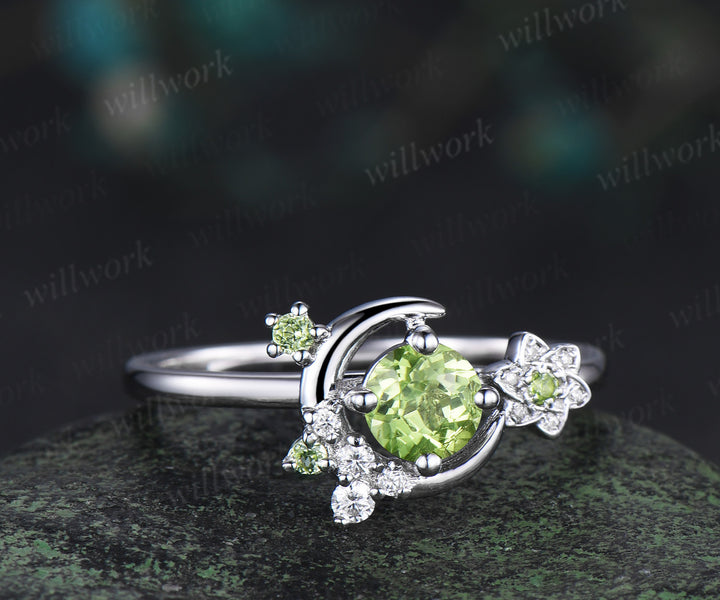 Round cut peridot engagement ring white gold moon floral peridot ring vintage diamond cluster wedding anniversary gifts