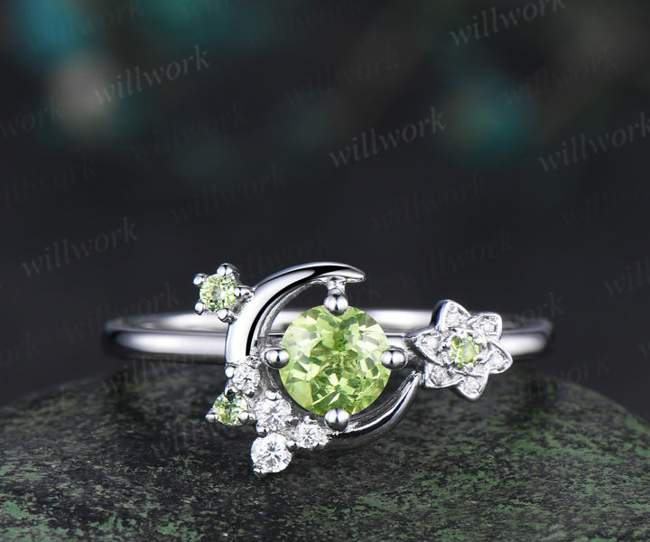 Round cut peridot engagement ring white gold moon floral peridot ring vintage diamond cluster wedding anniversary gifts