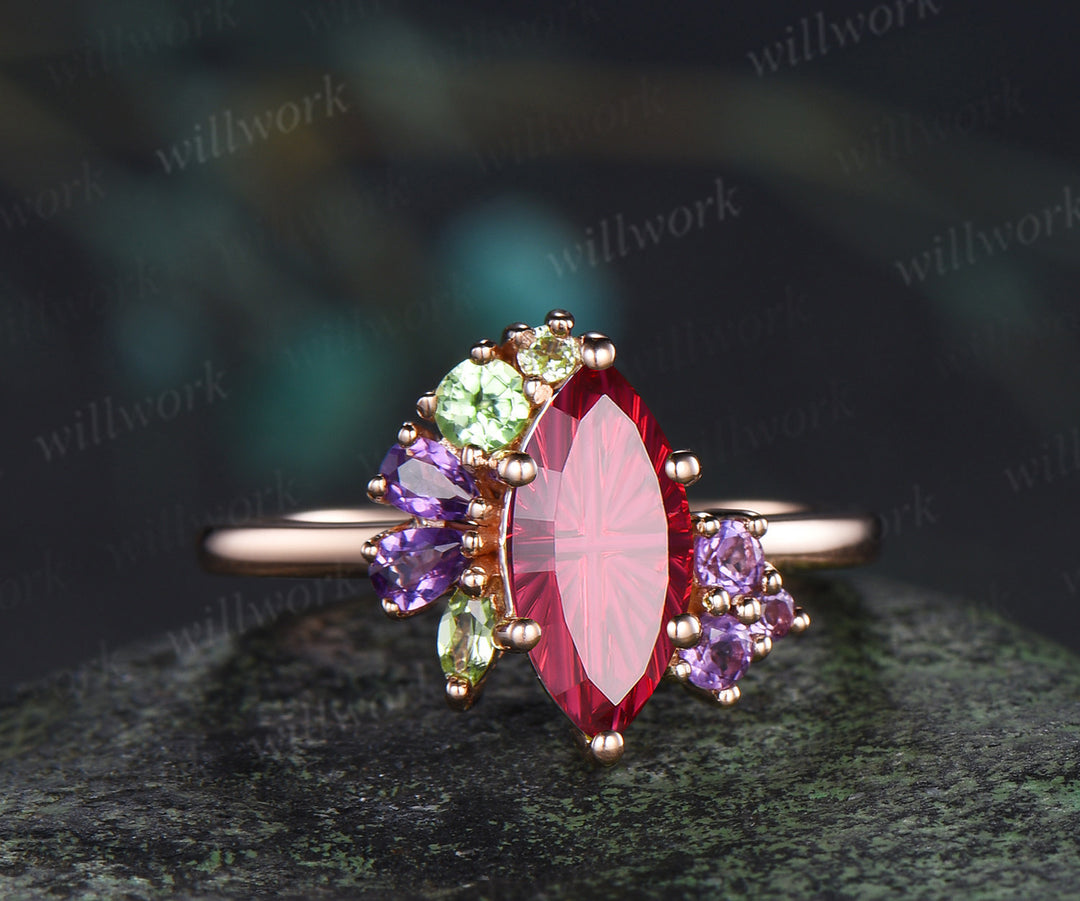 Marquise Fantasy Cut Ruby Engagement Ring Peridot Amethyst Cluster Bridal Wedding Ring July Birthstone Ring