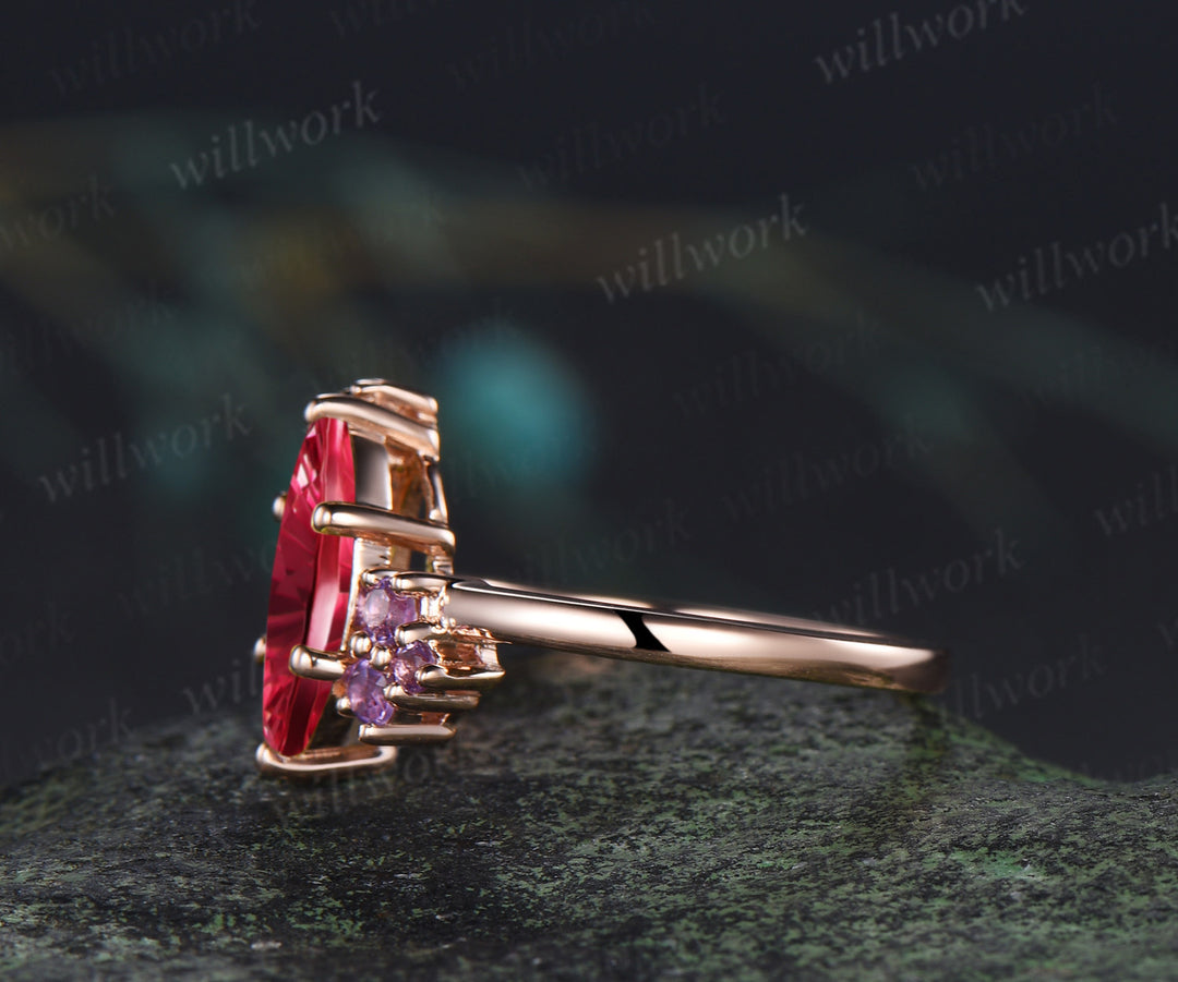 Marquise Fantasy Cut Ruby Engagement Ring Peridot Amethyst Cluster Bridal Wedding Ring July Birthstone Ring