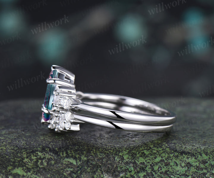 Marquise Fantasy Cut Alexandrite Ring Set Five Stone Engagement Ring Moissanite Cluster Wedding Band Color Change Gemstone Bridal Set