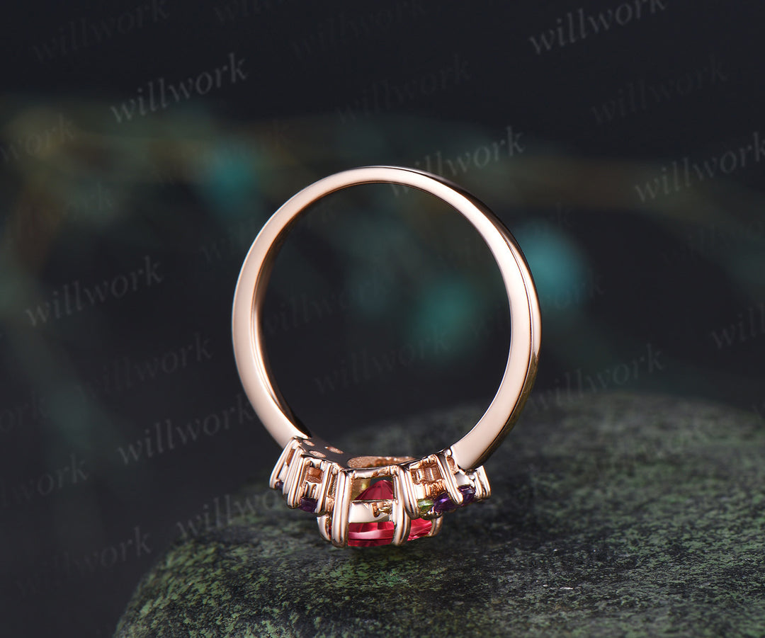 Marquise Fantasy Cut Ruby Engagement Ring Peridot Amethyst Cluster Bridal Wedding Ring July Birthstone Ring