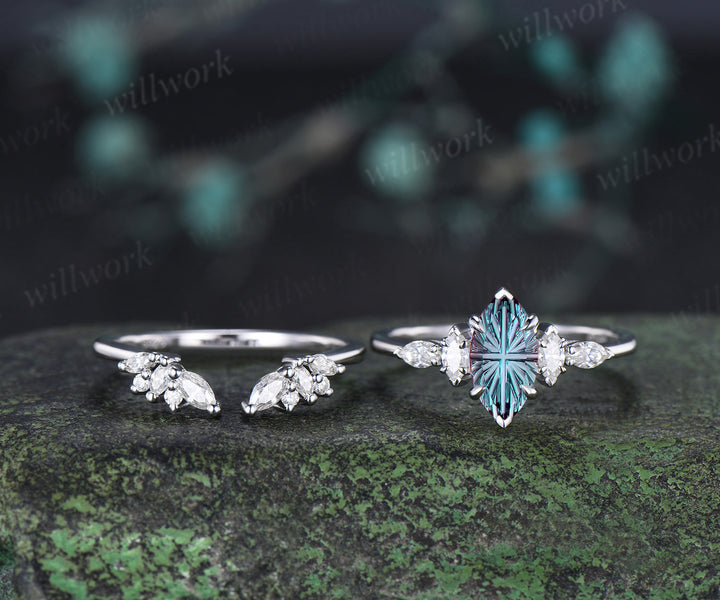 Marquise Fantasy Cut Alexandrite Ring Set Five Stone Engagement Ring Moissanite Cluster Wedding Band Color Change Gemstone Bridal Set
