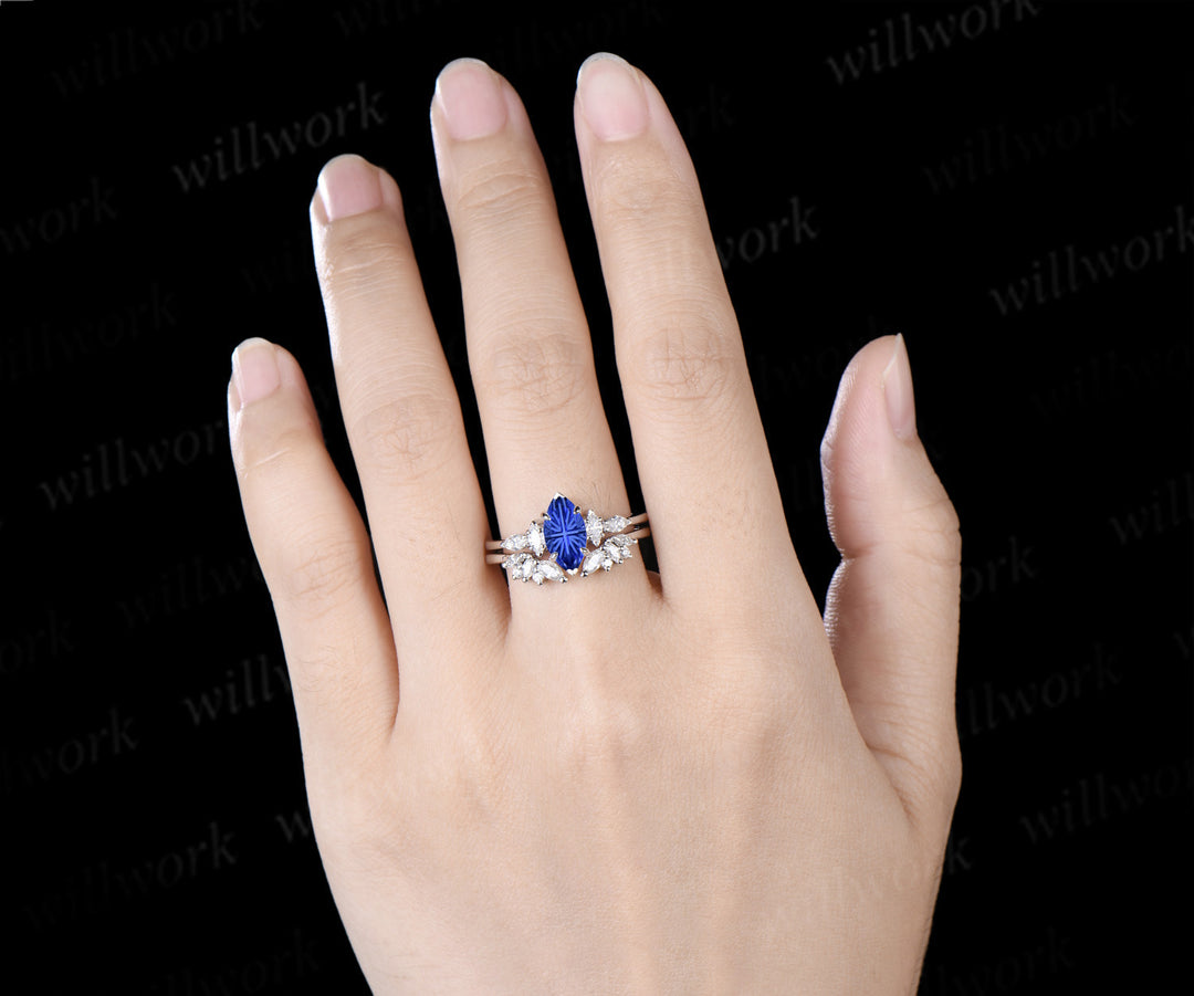 Marquise Fantasy Cut Sapphire Ring Set Five Stone Promise Ring Moissanite Cluster Open Gap Wedding Band Sapphire Ring Set