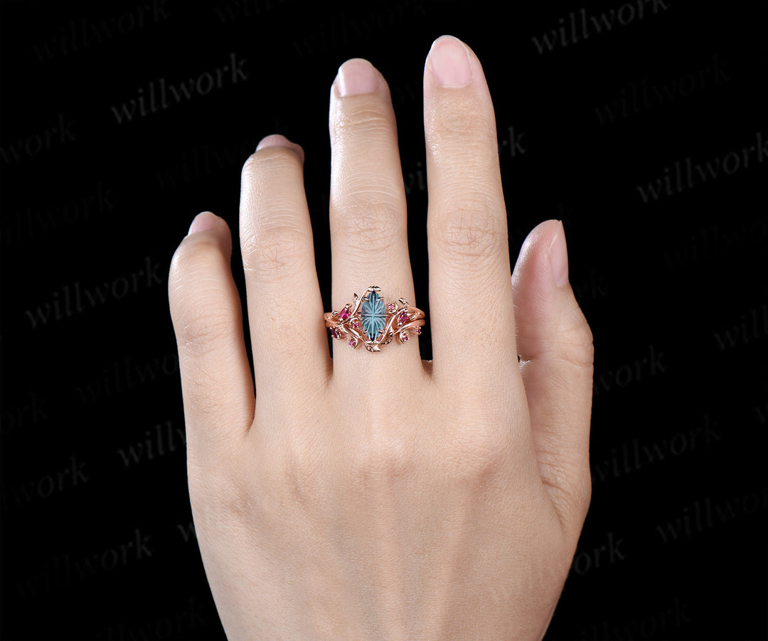 Marquise Fantasy Cut Alexandrite Ring Set Leaf Twig Moon Promise Ring Ruby Accent Wedding Band Color Change Gemstone Bridal Set