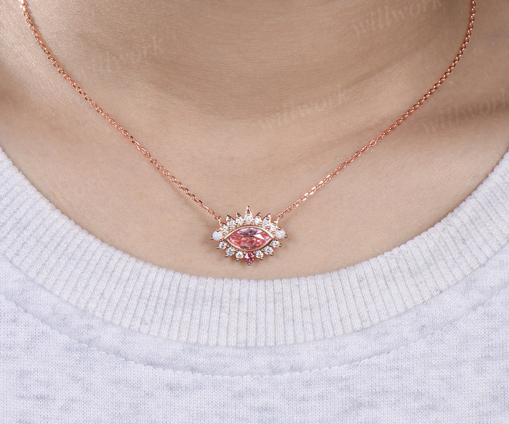 Marquise padparadscha pink sapphire necklace moissanite opal accents pink tourmaline pendant gifts for her