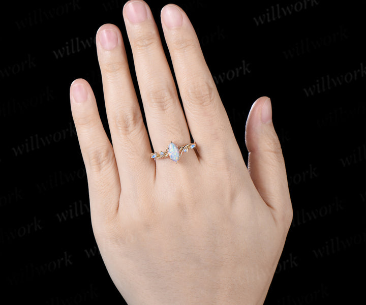 Vintage Marquise White Opal Engagement Ring Leafy Vine Moonstone Accent Promise Ring Fire Opal Jewelry Gifts