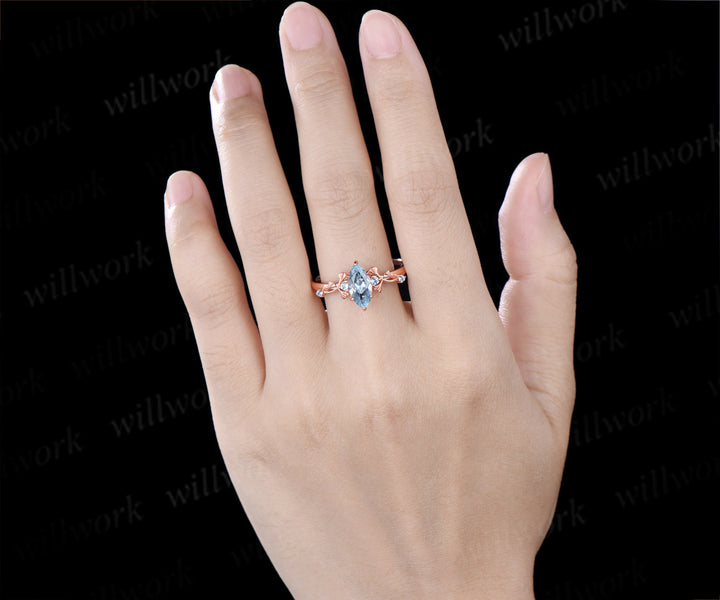 1ct Marquise Cut Aquamarine Ginkgo Engagement Ring Nature Inspired Five Stones Promise Ring March Birthstone Jewelry Gift