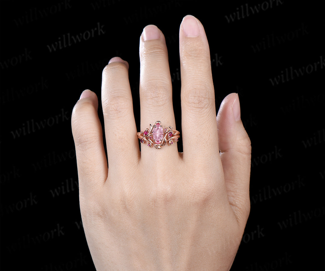 Marquise Fantasy Cut Padparadscha Ring Set Leaf Twig Moon Promise Ring Ruby Accent Wedding Band Pink Sapphire Ring Set