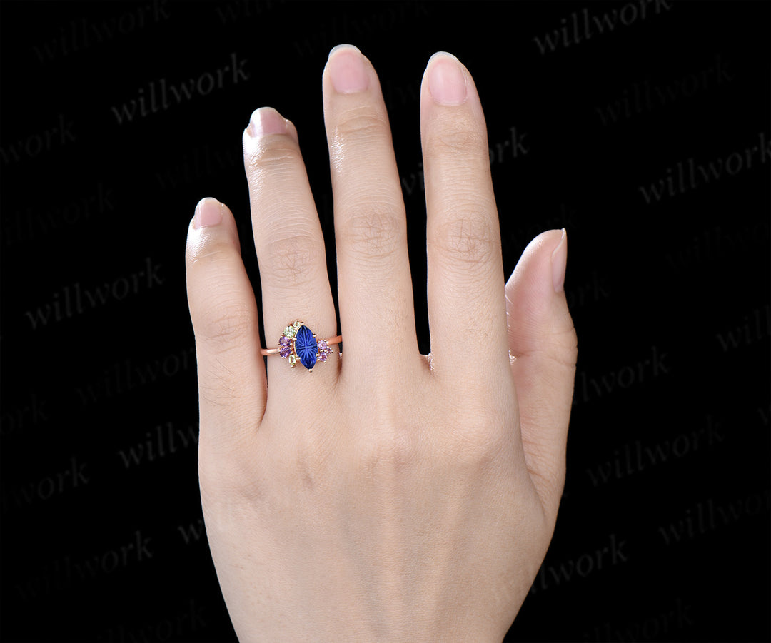 Unique marquise fantasy cut sapphire engagement ring cluster peridot amethyst bridal wedding ring September birthstone ring