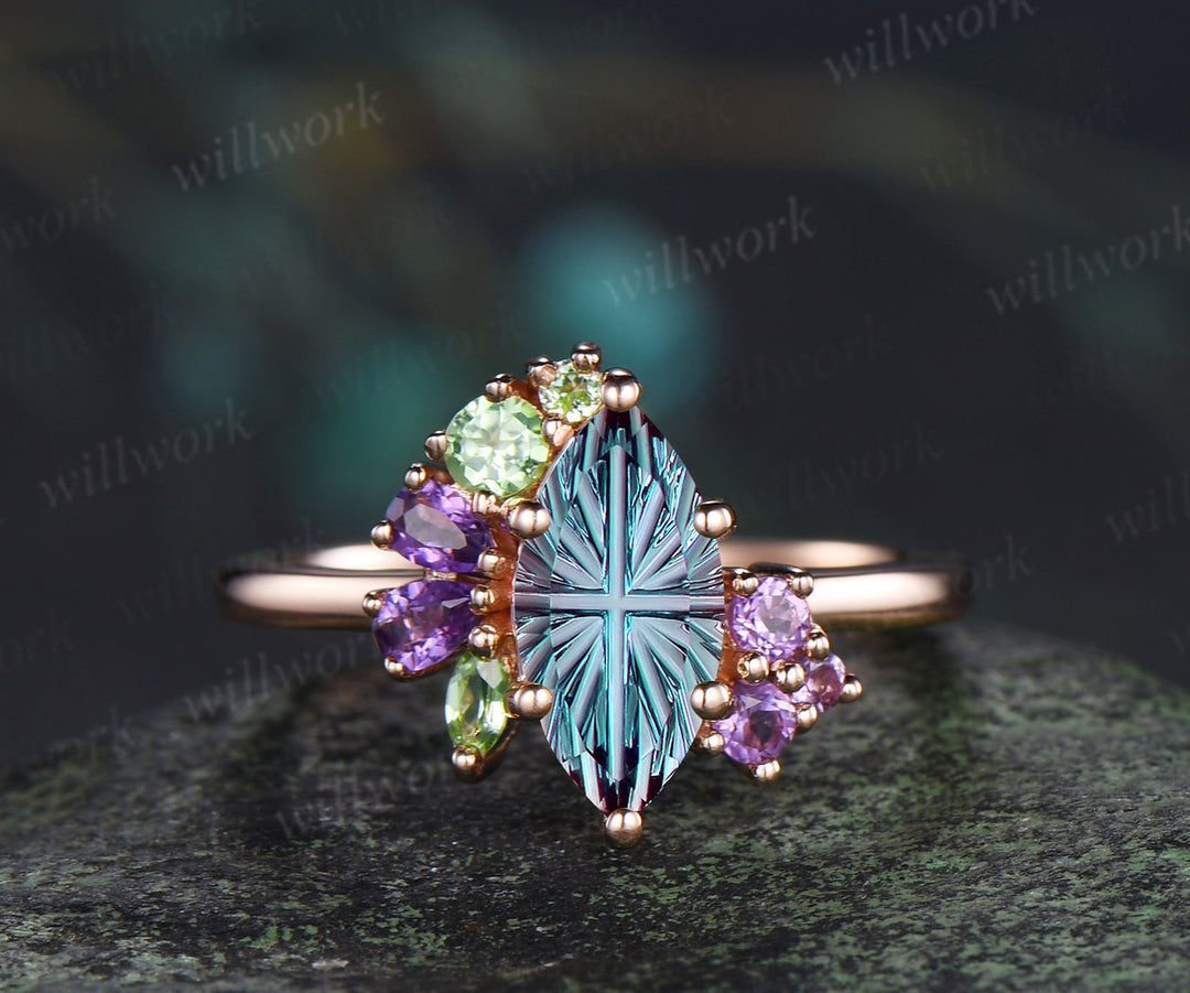 Marquise fantasy cut alexandrite engagement ring retro cluster peridot amethyst bridal wedding ring June birthstone ring