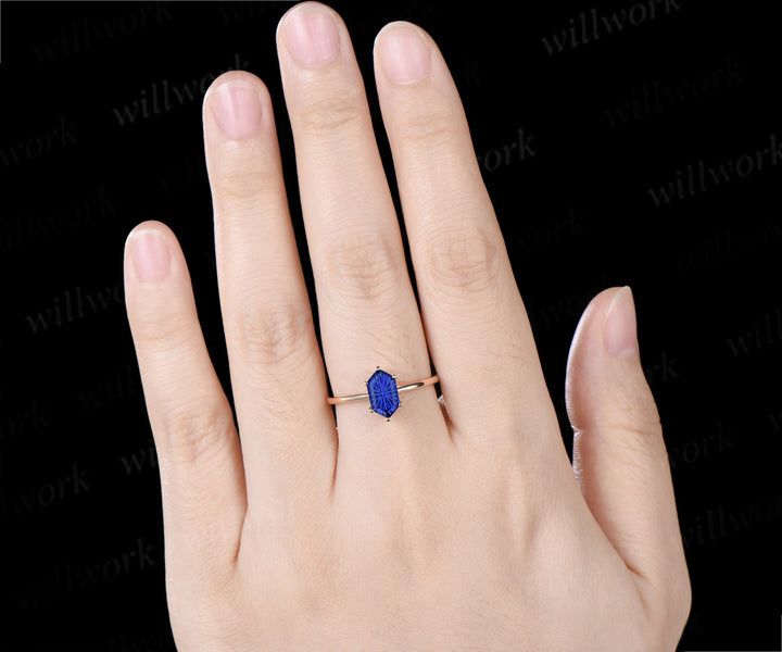 Hexagon Fantasy Cut Blue Sapphire Engagement Ring 6 Prong Solitaire Promise Ring Minimalist Sapphire Wedding Ring