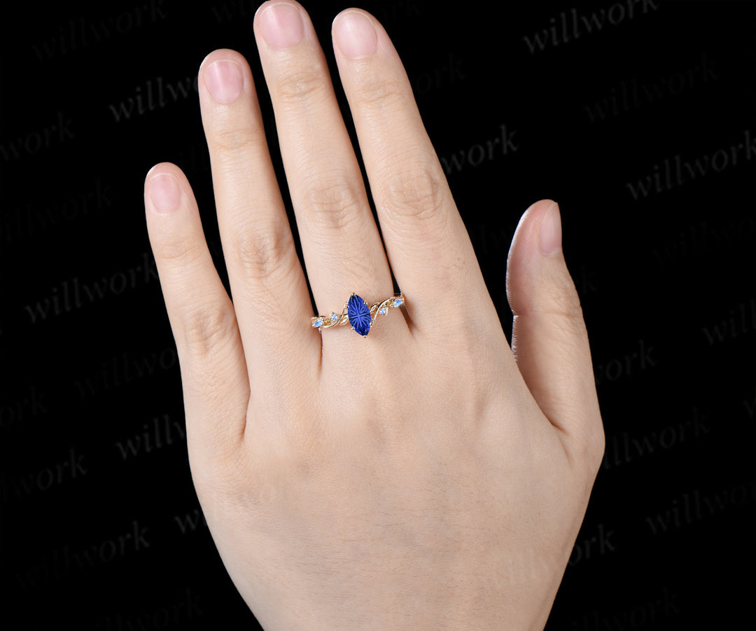 Vintage Marquise Fantasy Cut Sapphire Engagement Ring Leafy Vine Moonstone Accent Promise Ring Blue Sapphire Bridal Ring