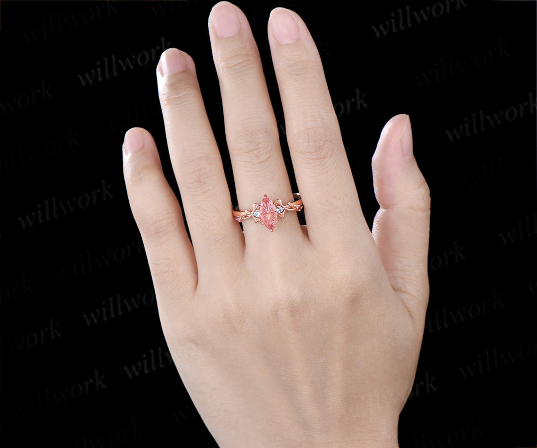1ct Marquise Fantasy Cut Padparadscha Engagement Ring Ginkgo Leaf Five Stones Alexandrite Accent Promise Ring Nature Inspired Pink Sapphire Ring