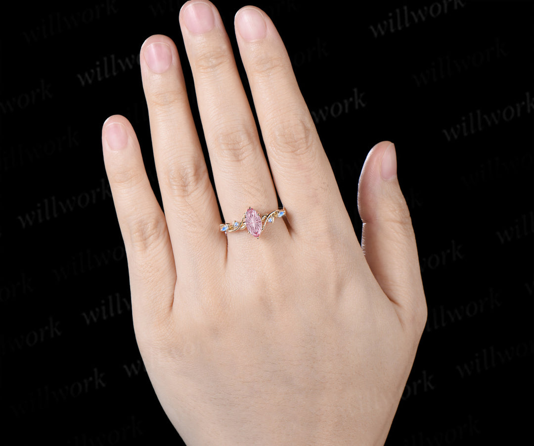 Marquise Fantasy Cut Padparadscha Engagement Ring Twig Vine Moonstone Accent Promise Ring Nature Inspired Jewelry Gifts