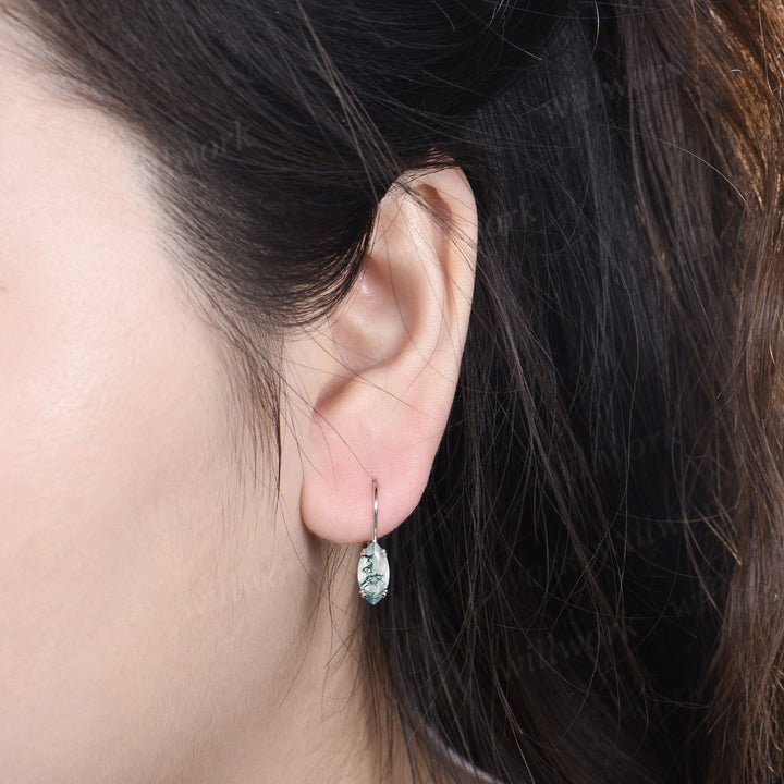 Marquise cut natural moss agate drop earrings minimalist 8 prongs moss agate hook earrings gifts for women
